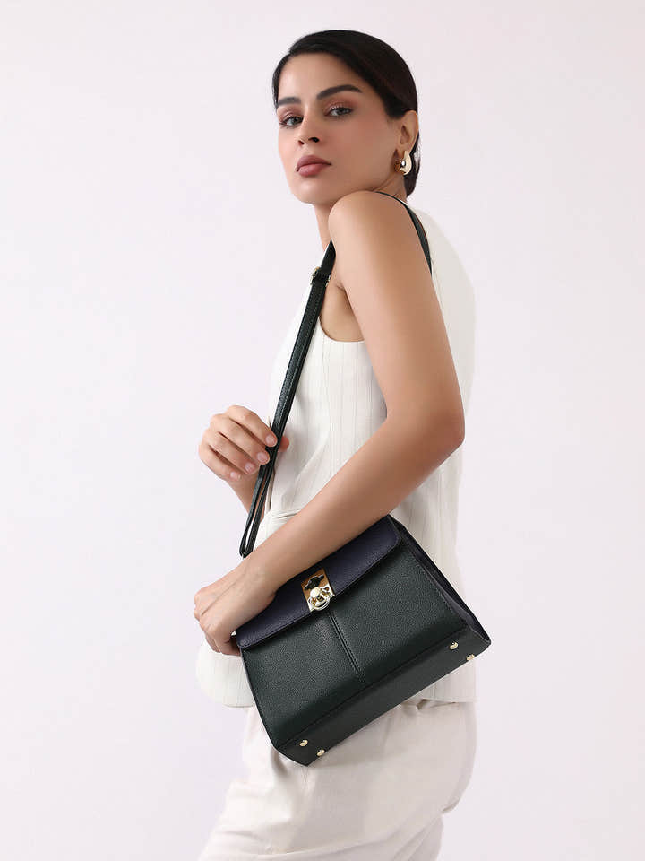 The Curatus Satchel Bag With Pouch - Navy Blue & Emerald Green