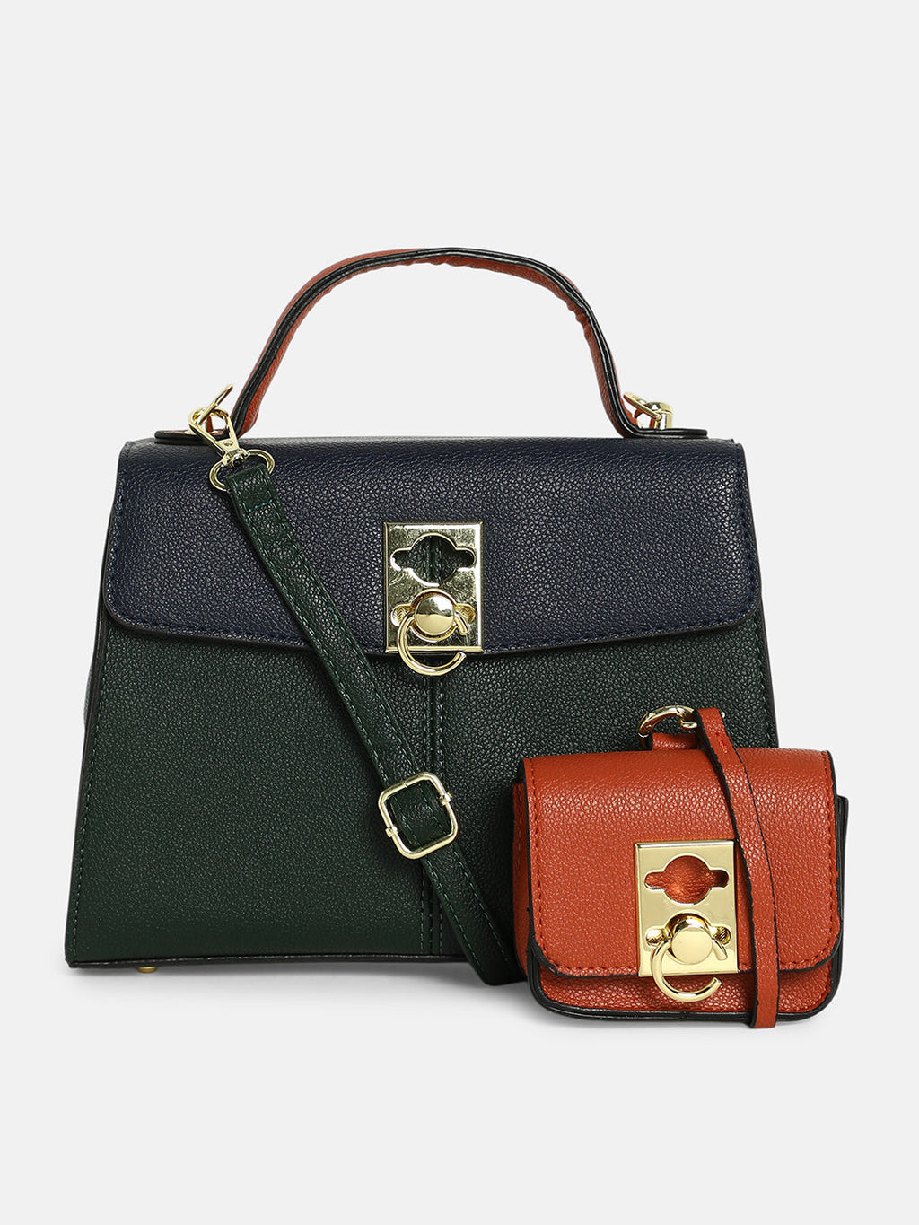 The Curatus Satchel Bag With Pouch - Navy Blue & Emerald Green