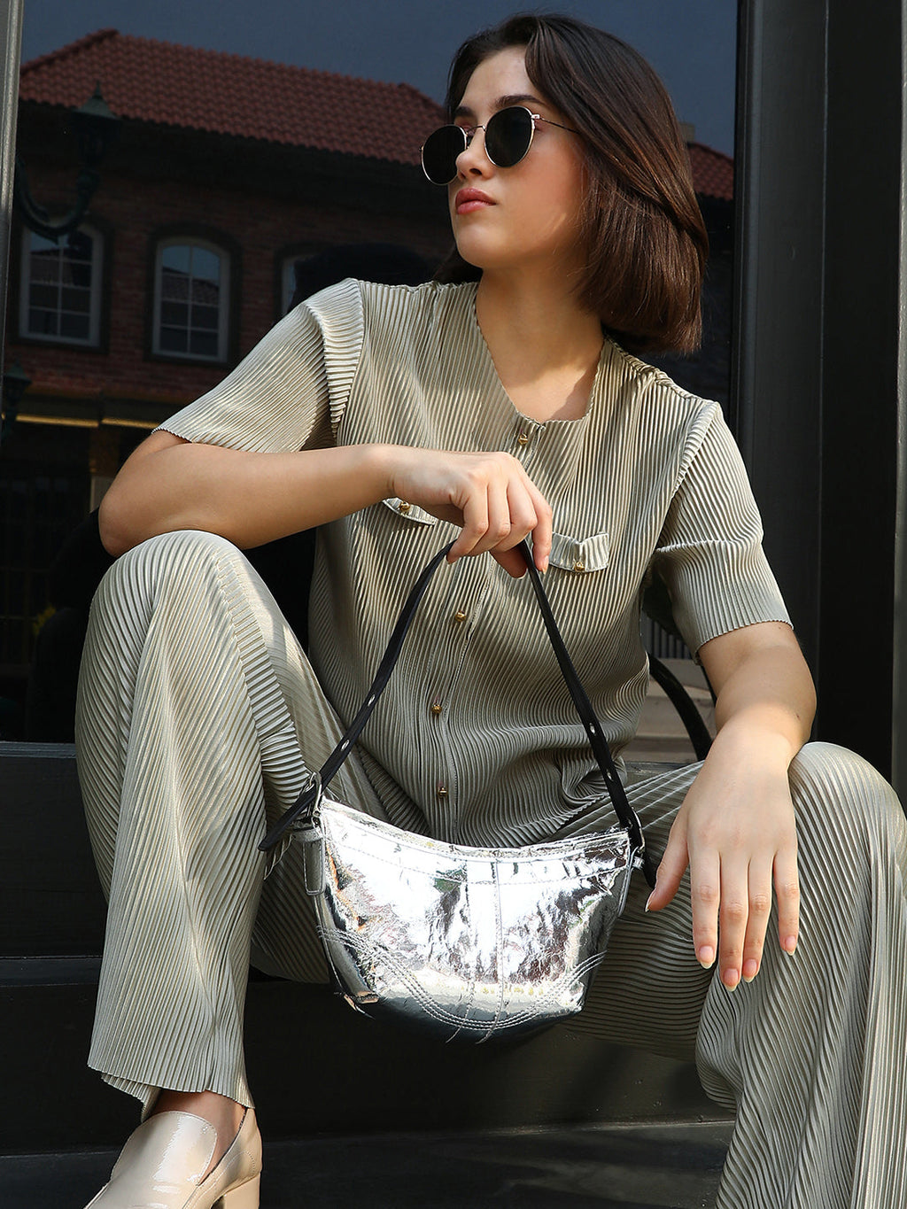 The Crescent Sling Bag - Metallic Silver