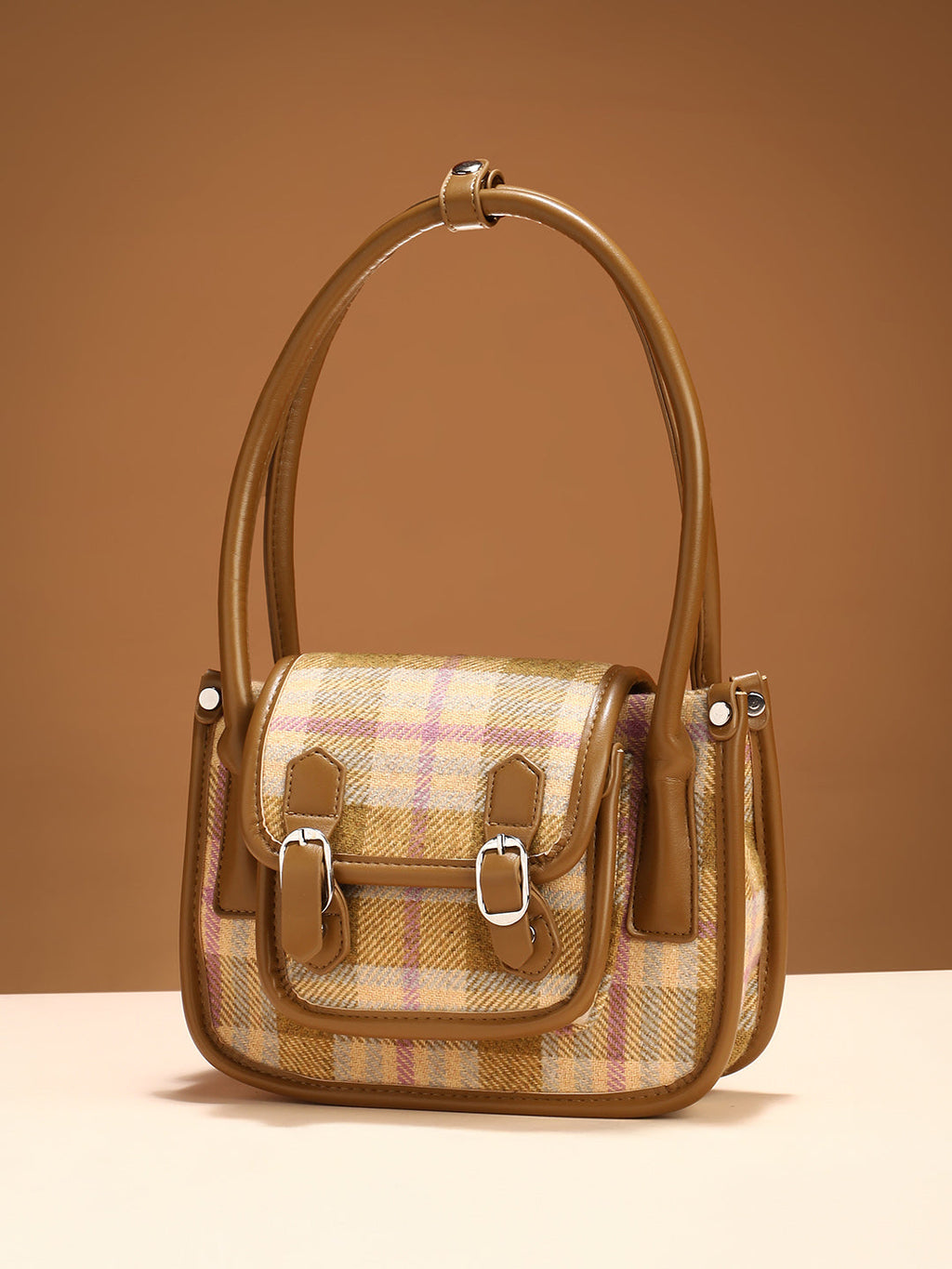 The Tartan Shoulder Bag - Tan Brown & Yellow Ochre