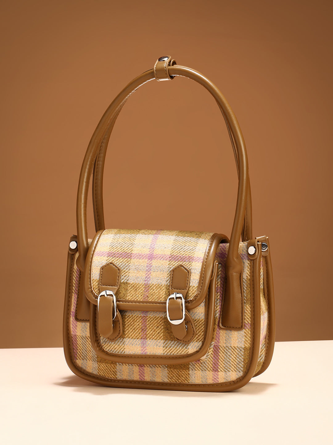 The Tartan Shoulder Bag - Tan Brown & Yellow Ochre