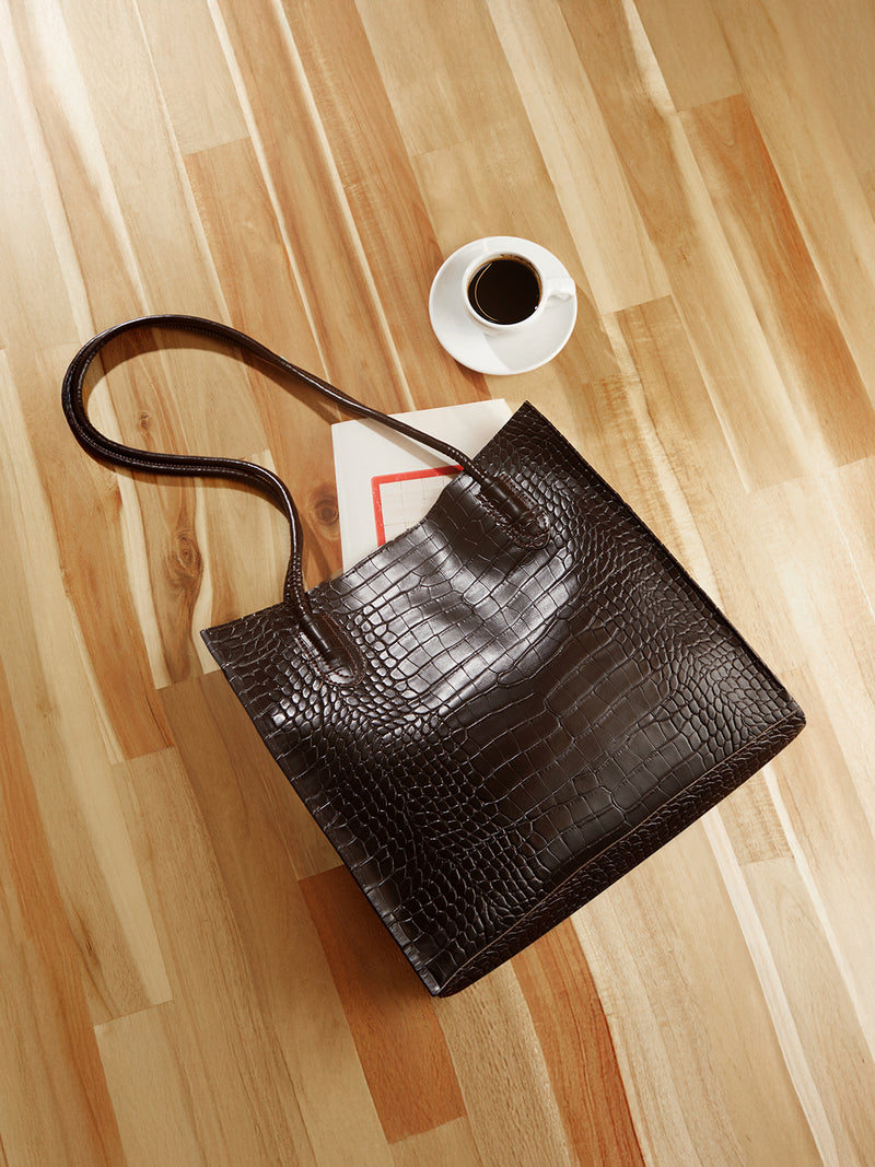 The Croc Texture Tote Bag-Deep Brown