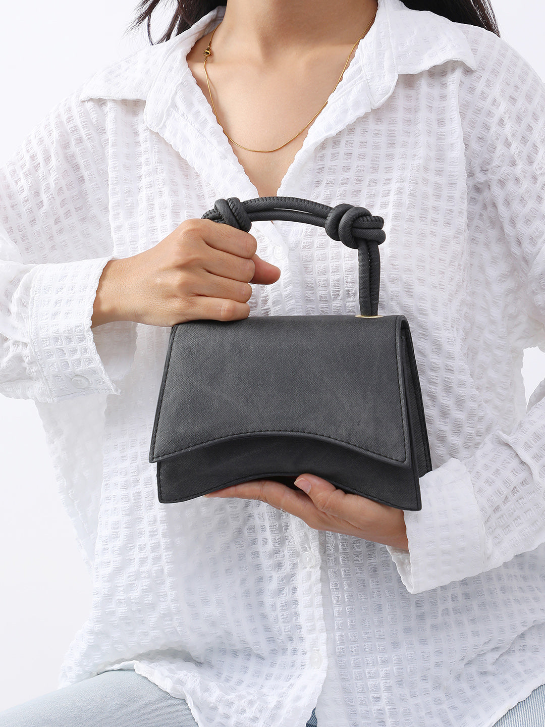Washed-Concave Hand Bag - Charcoal Black