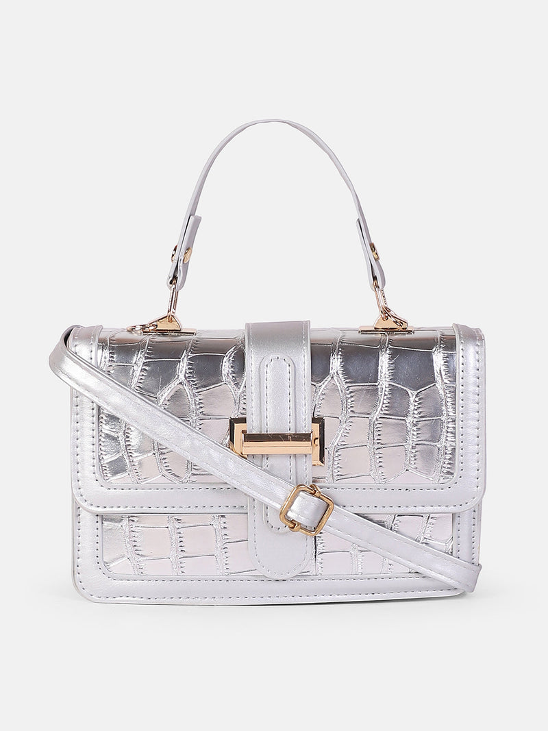 The Gator-Buckle Hand Bag - Metallic Silver