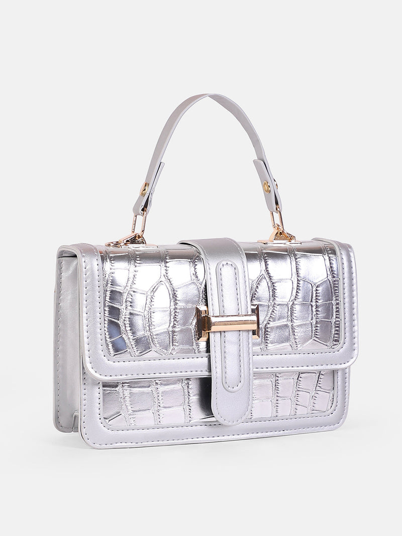 The Gator-Buckle Hand Bag - Metallic Silver