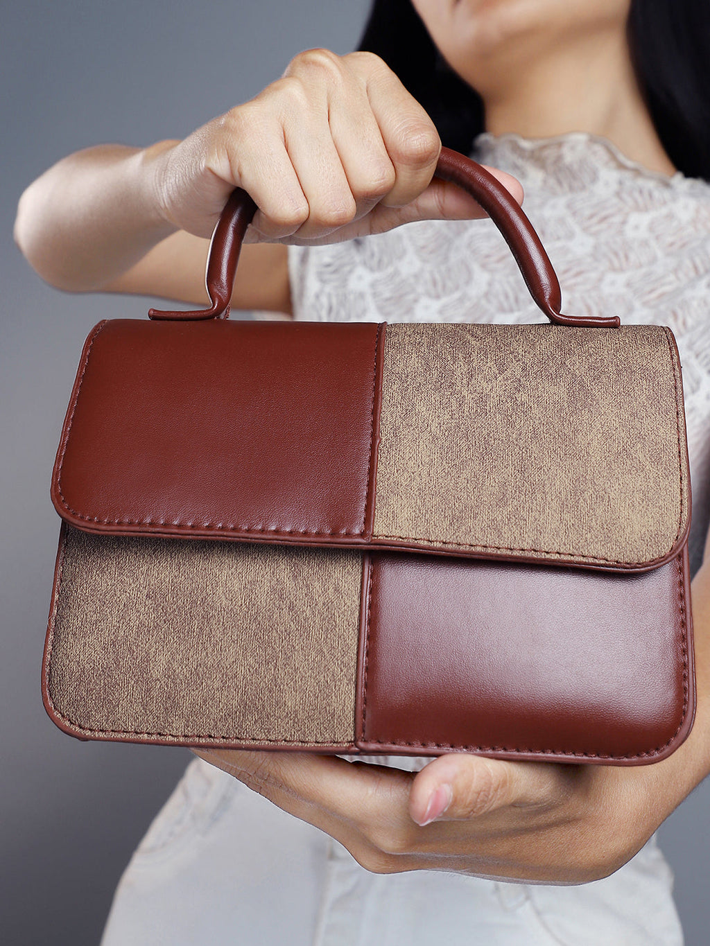 The Check-Block Hand Bag - Tan brown