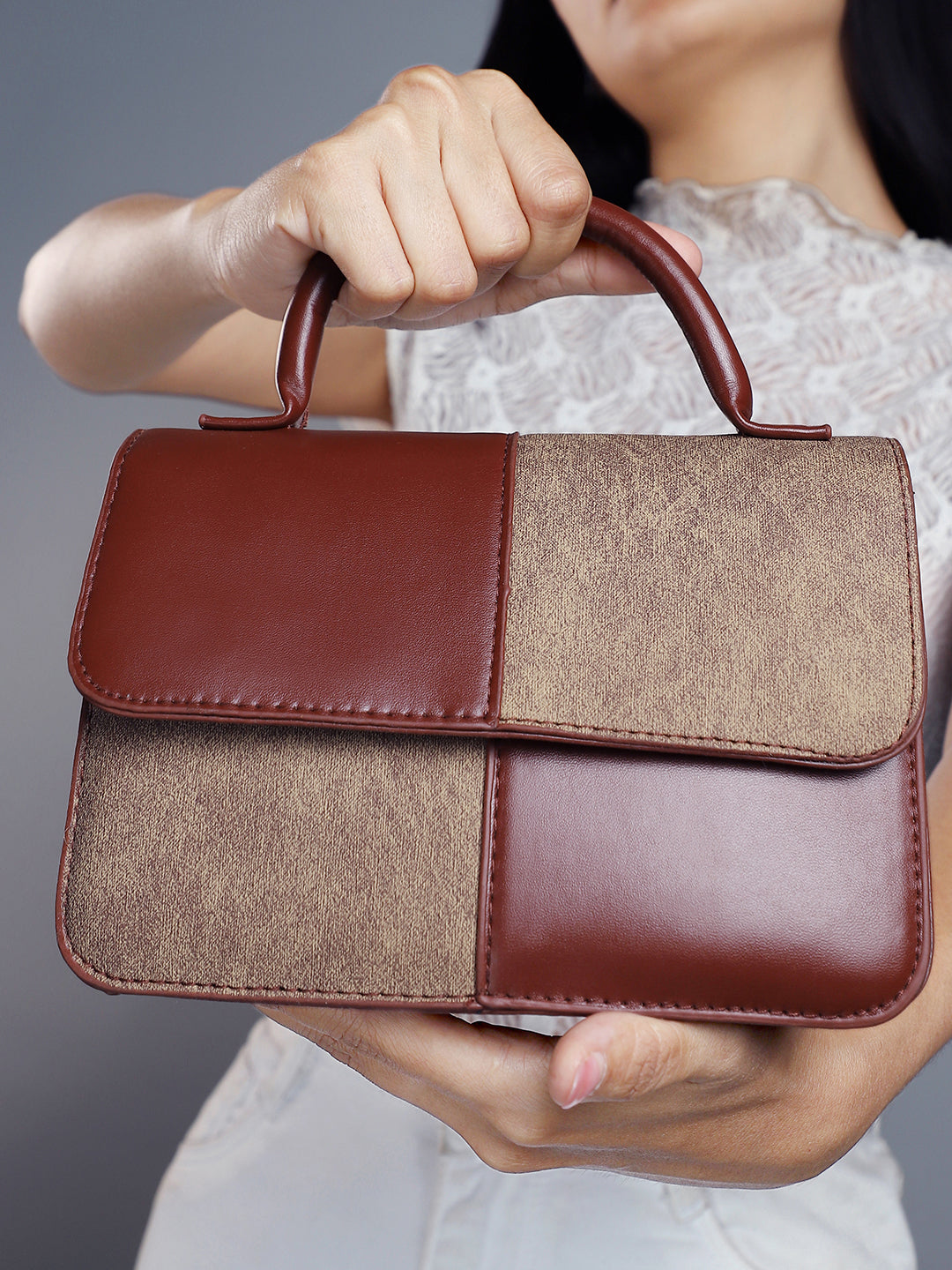 The Check-Block Hand Bag - Tan brown