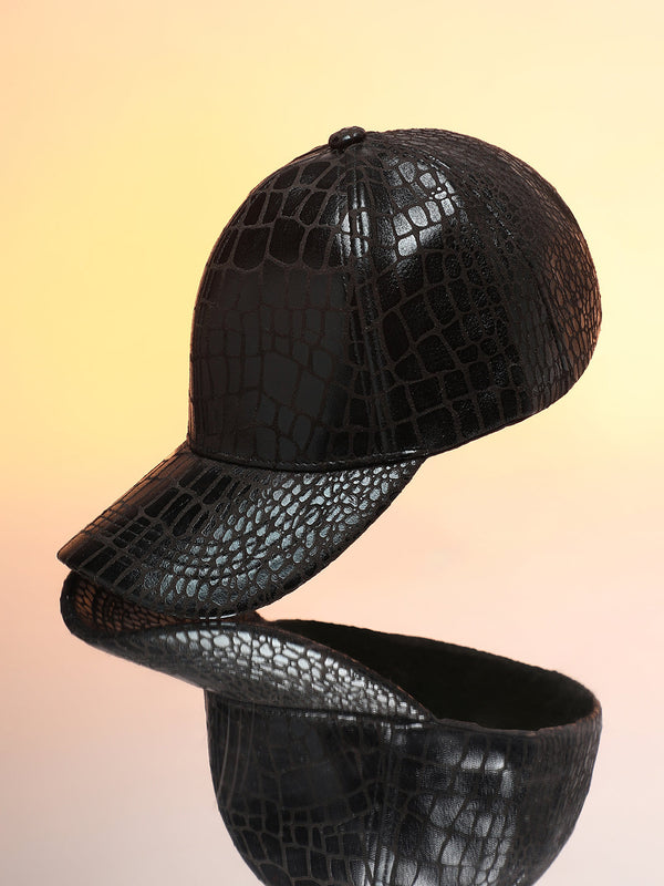 Side profile of the embossed scale cap showing the structured brim and vegan leather finish - Haute Sauce