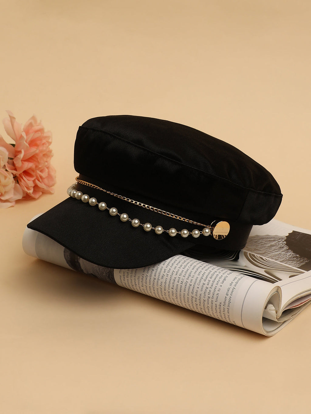 Chain-Lined Satin Bakerboy Cap - Midnight Black