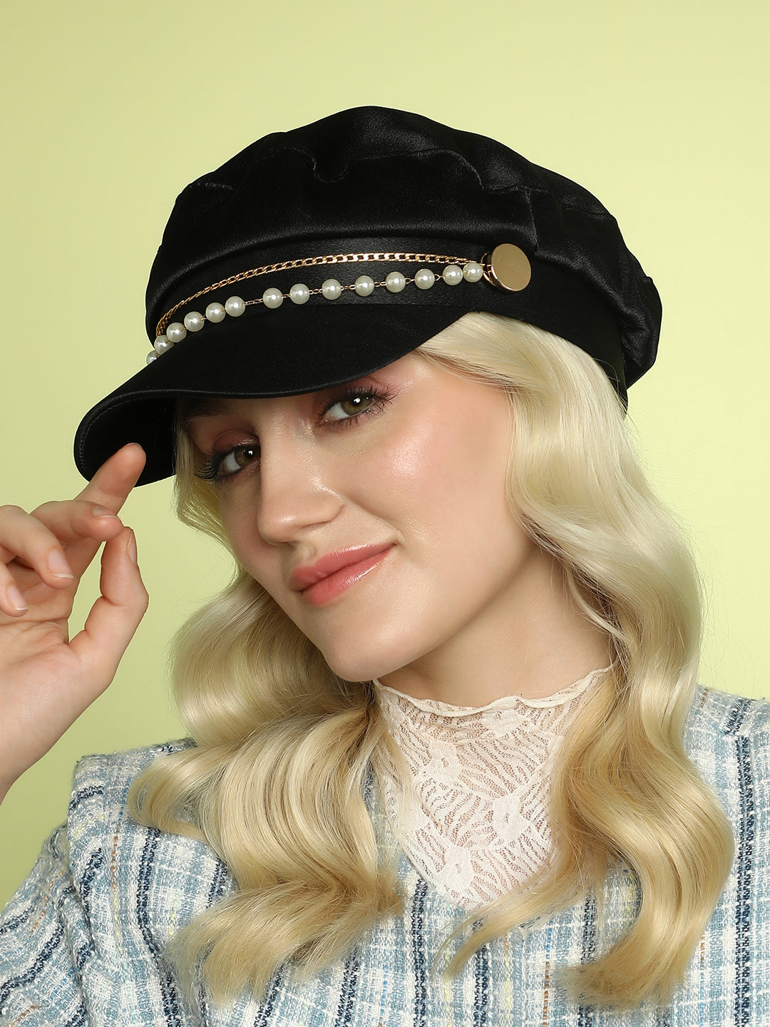 Chain-Lined Satin Bakerboy Cap - Midnight Black