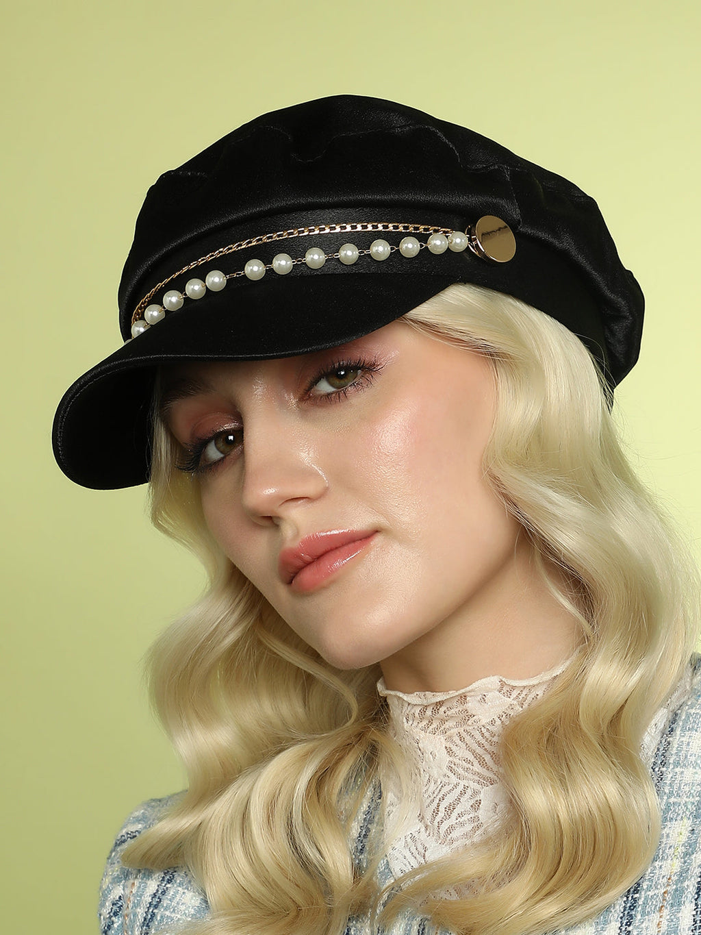 Chain-Lined Satin Bakerboy Cap - Midnight Black