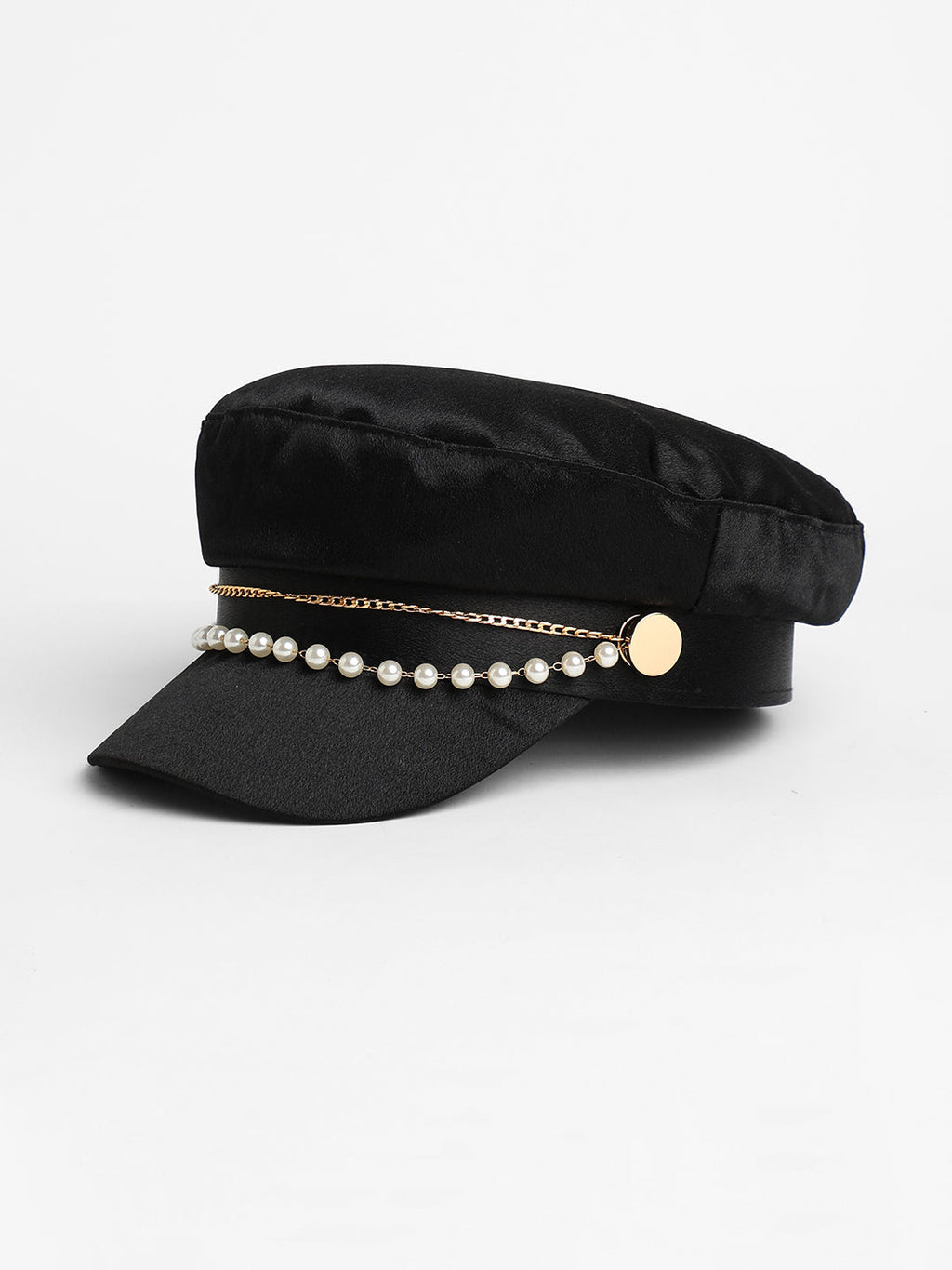 Chain-Lined Satin Bakerboy Cap - Midnight Black