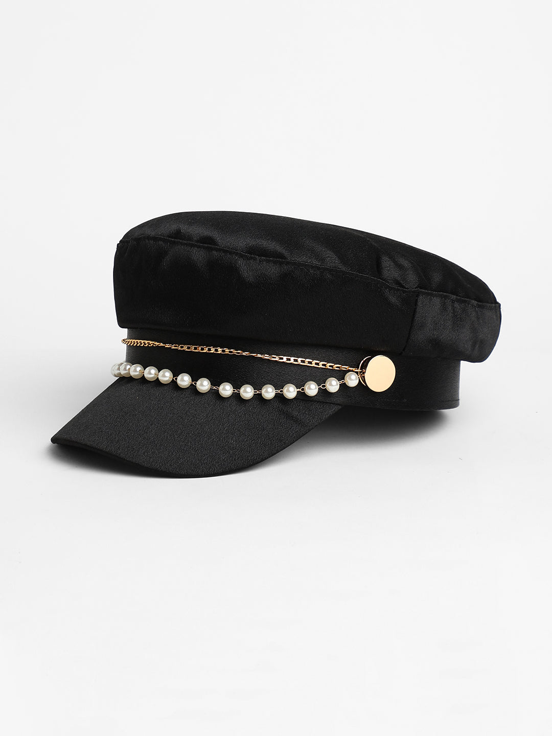 Chain-Lined Satin Bakerboy Cap - Midnight Black