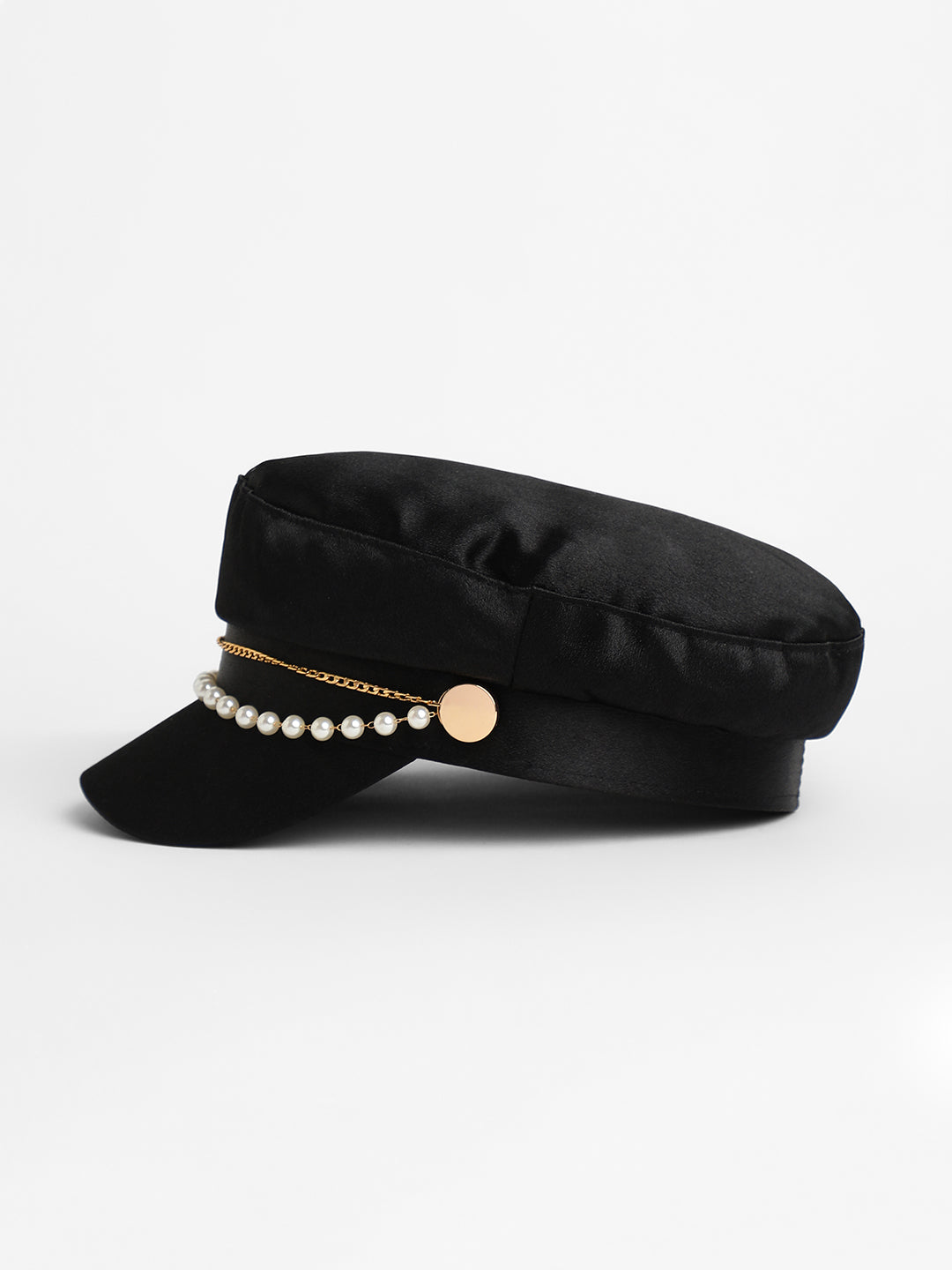 Chain-Lined Satin Bakerboy Cap - Midnight Black