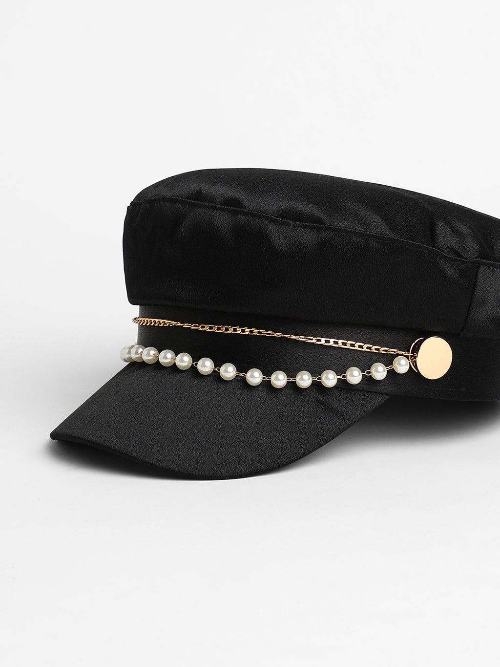 Chain-Lined Satin Bakerboy Cap - Midnight Black