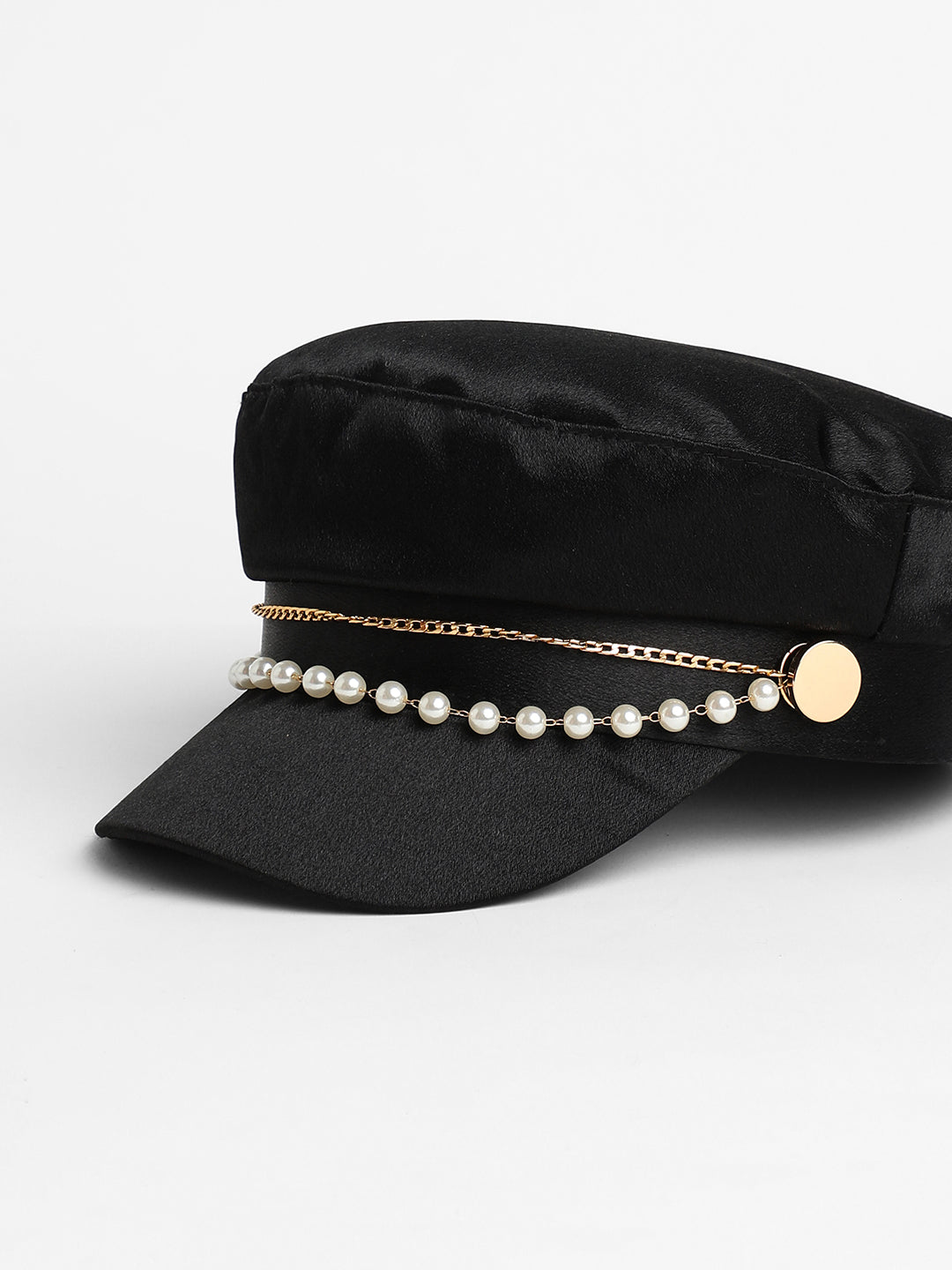 Chain-Lined Satin Bakerboy Cap - Midnight Black