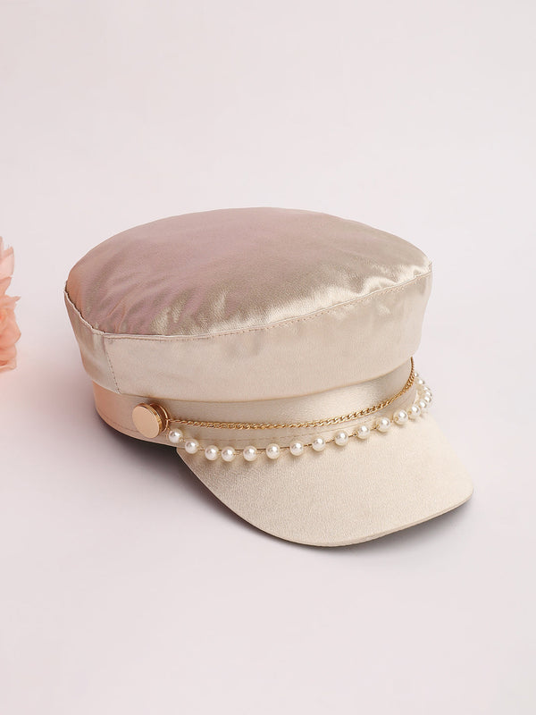Chain-Lined Satin Bakerboy Cap - Saltbox Beige