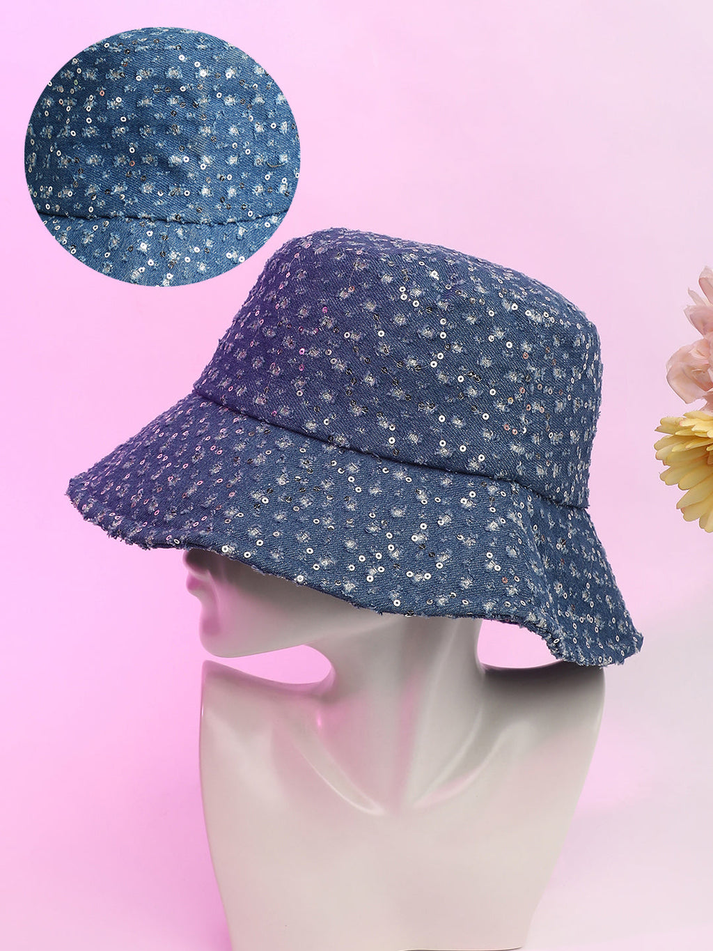 Sequin Denim Bucket Hat - Star Command Blue