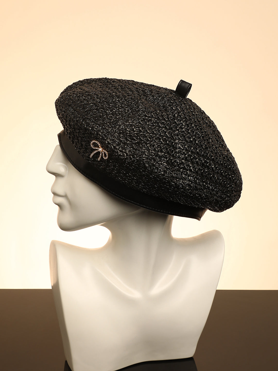 Bow Woven Beret Hat - Midnight Black
