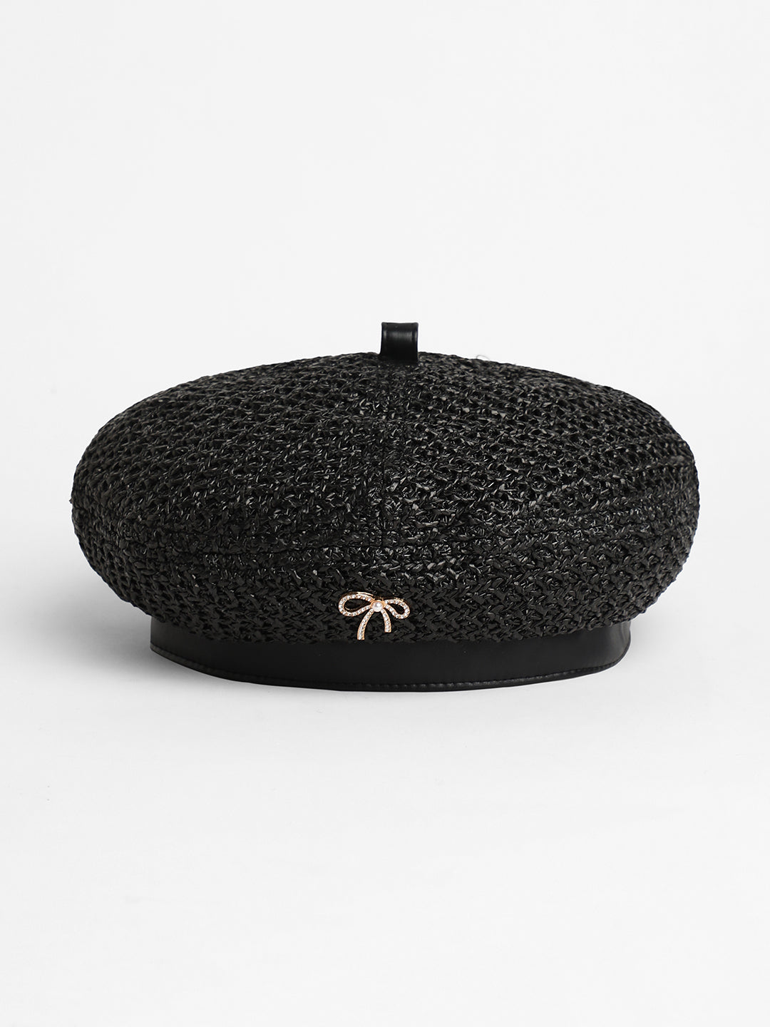 Bow Woven Beret Hat - Midnight Black