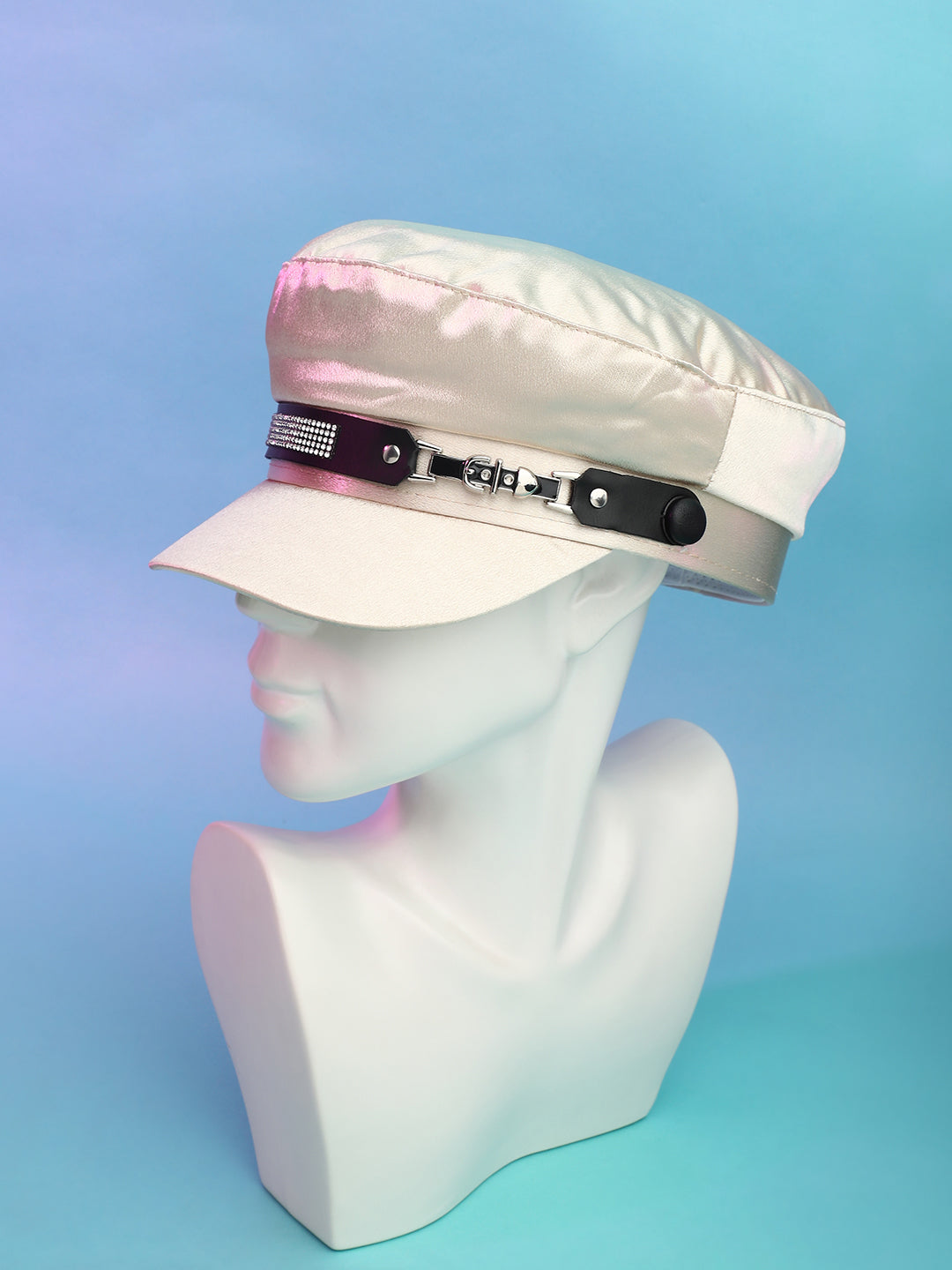 Embellished Satin Bakerboy Cap - Powder White