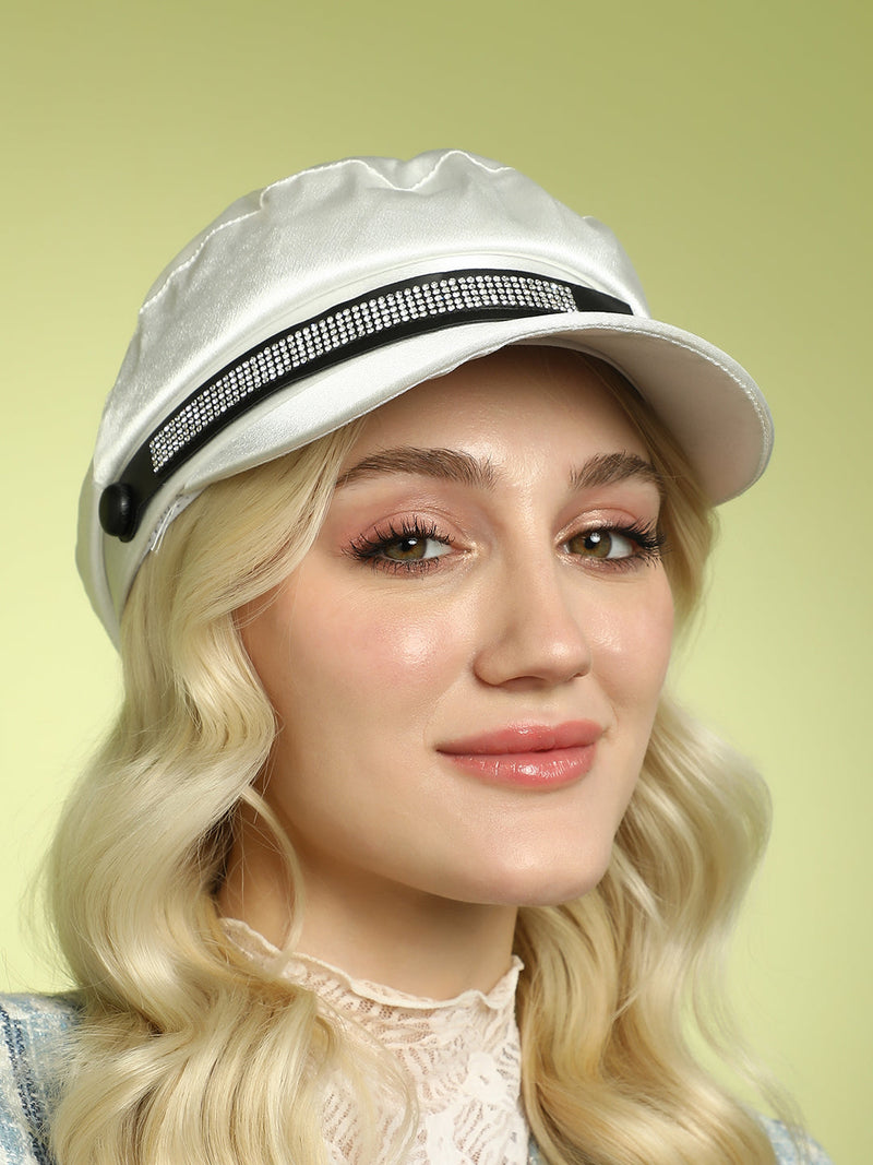 Embellished Satin Bakerboy Cap - Powder White