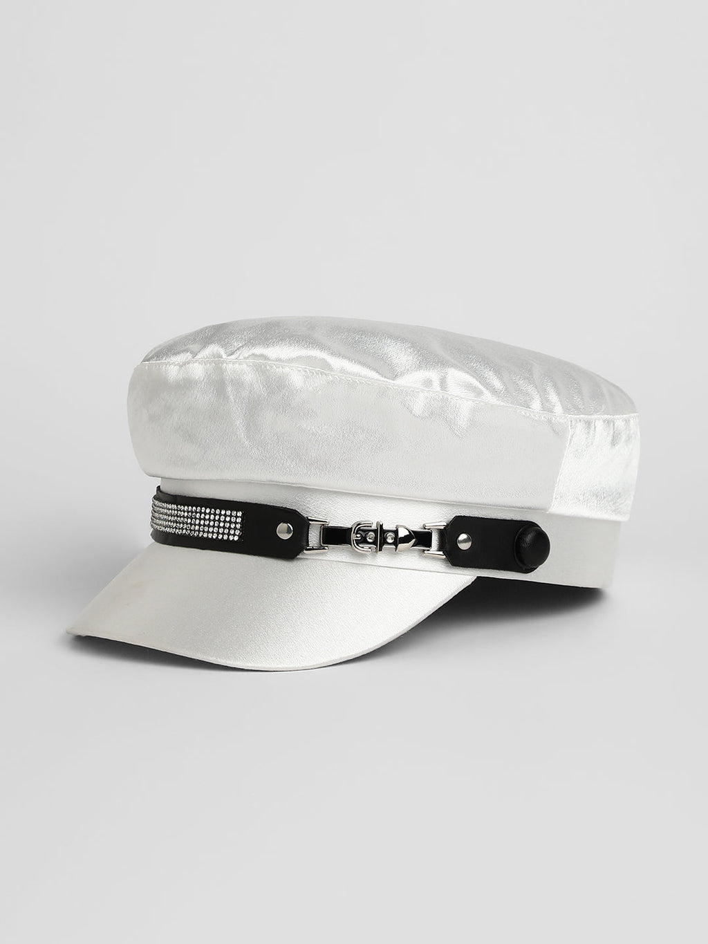 Embellished Satin Bakerboy Cap - Powder White