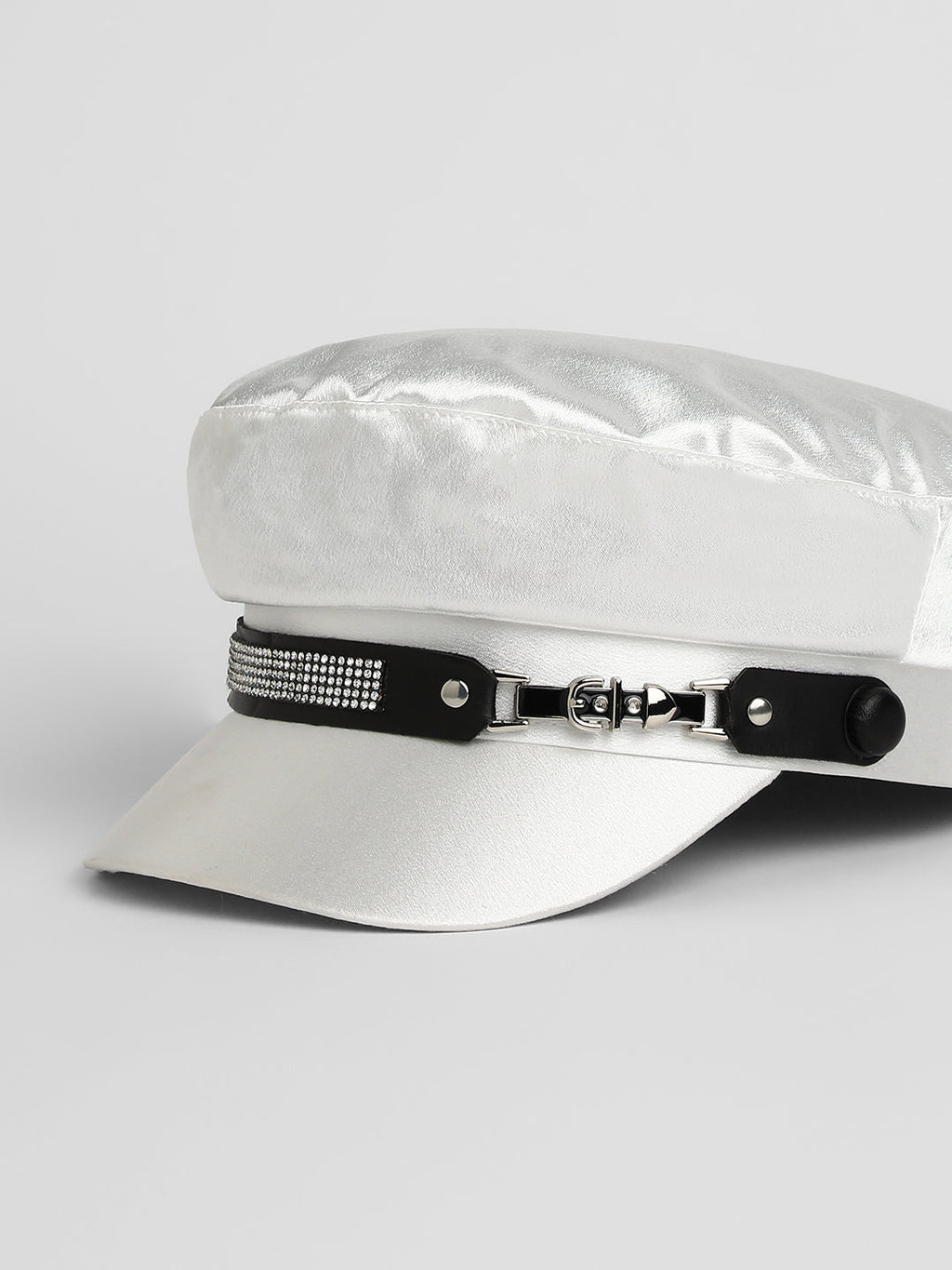 Embellished Satin Bakerboy Cap - Powder White
