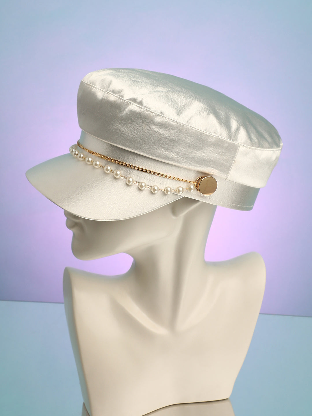 Chain-Lined Satin Bakerboy Cap - Powder White