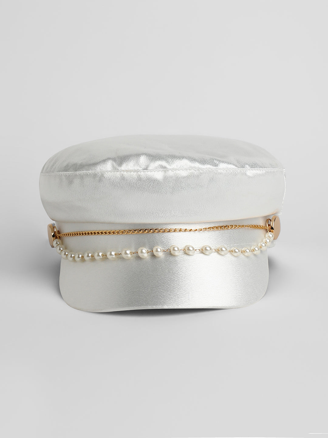 Chain-Lined Satin Bakerboy Cap - Powder White