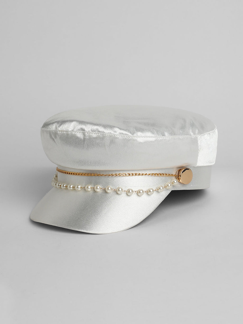Chain-Lined Satin Bakerboy Cap - Powder White