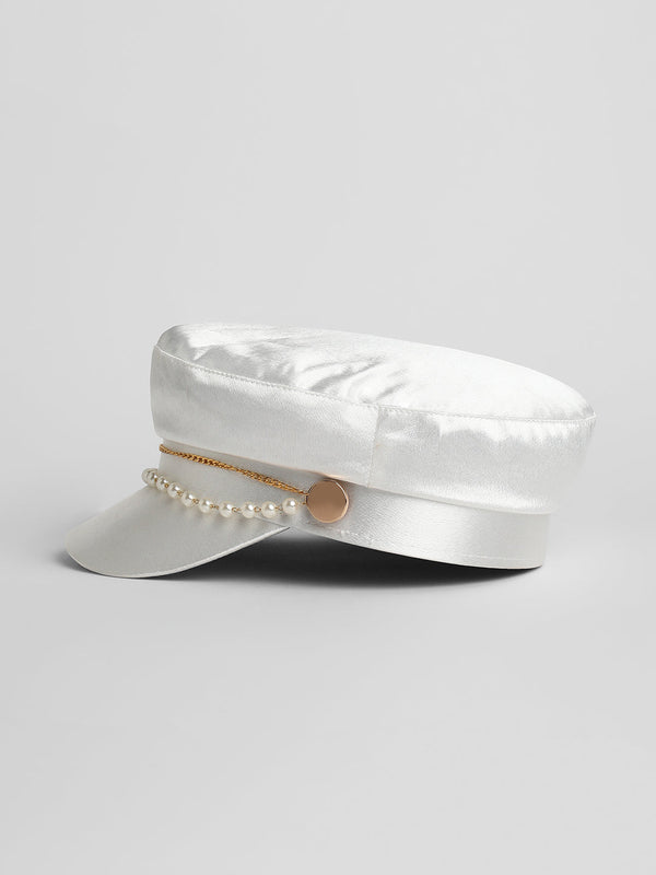 Chain-Lined Satin Bakerboy Cap - Powder White