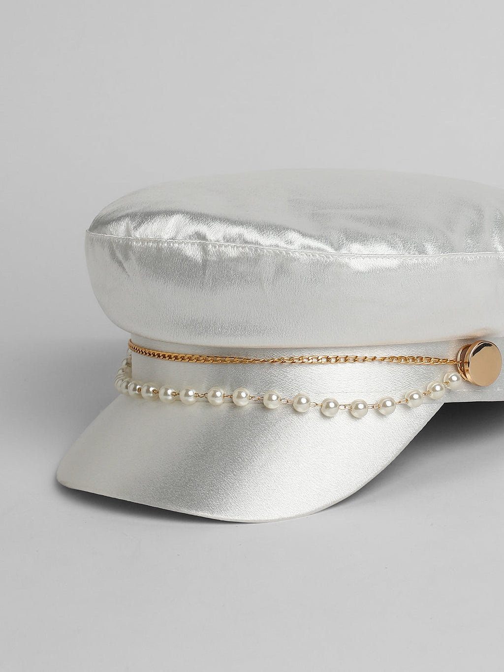Chain-Lined Satin Bakerboy Cap - Powder White