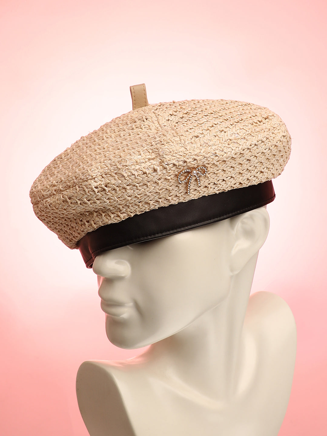 Bow Woven Beret Hat - Off-White