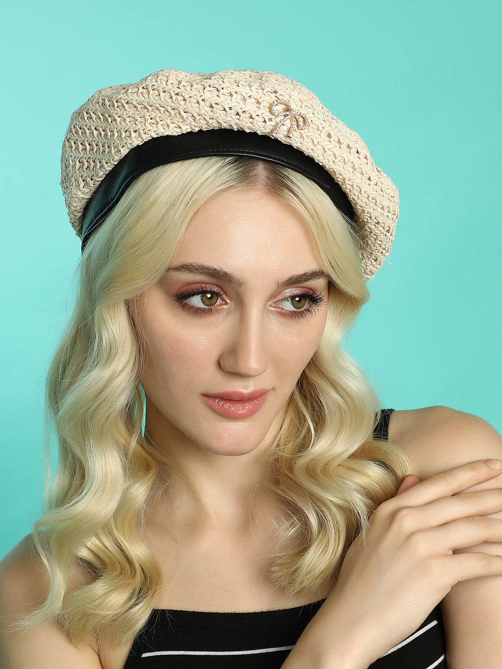 Bow Woven Beret Hat - Off-White