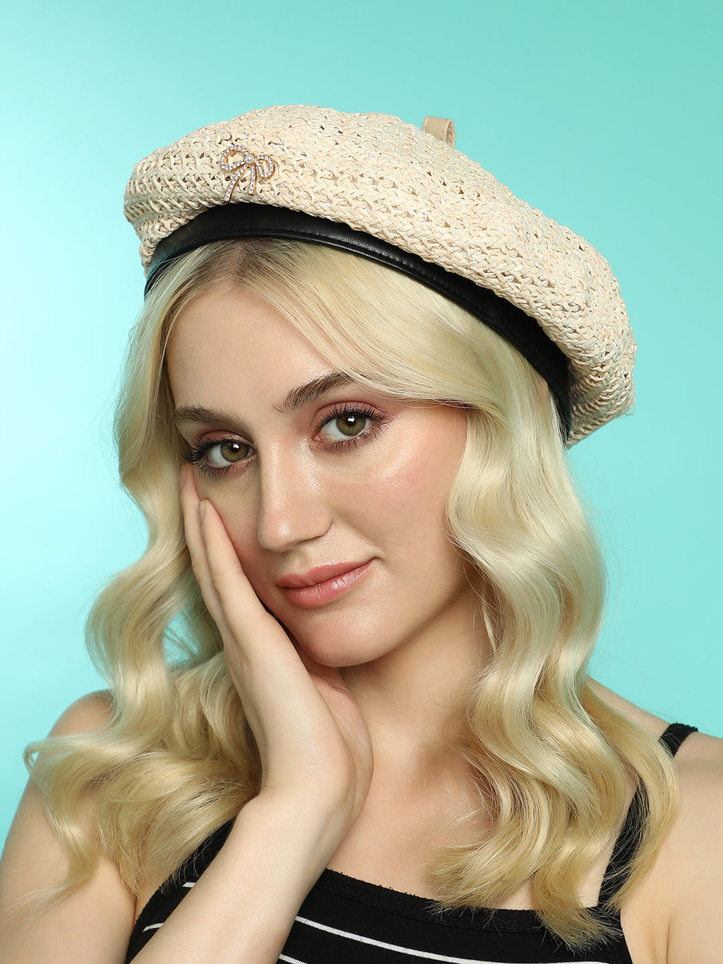 Bow Woven Beret Hat - Off-White