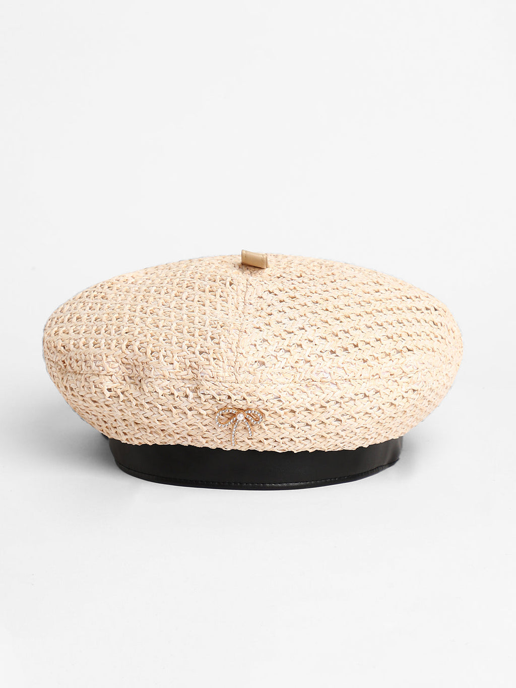 Bow Woven Beret Hat - Off-White