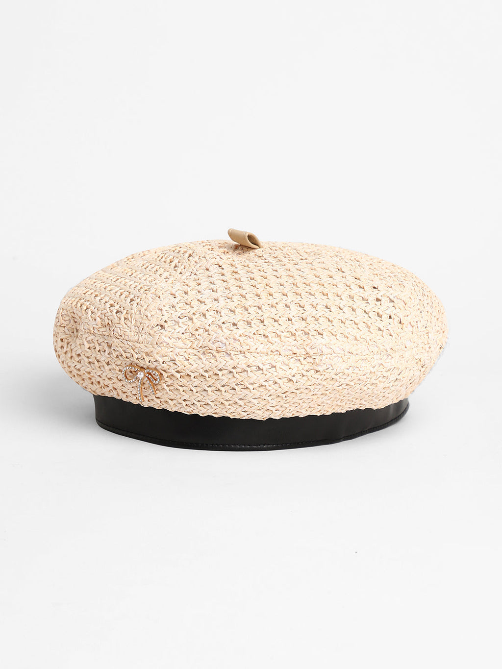 Bow Woven Beret Hat - Off-White