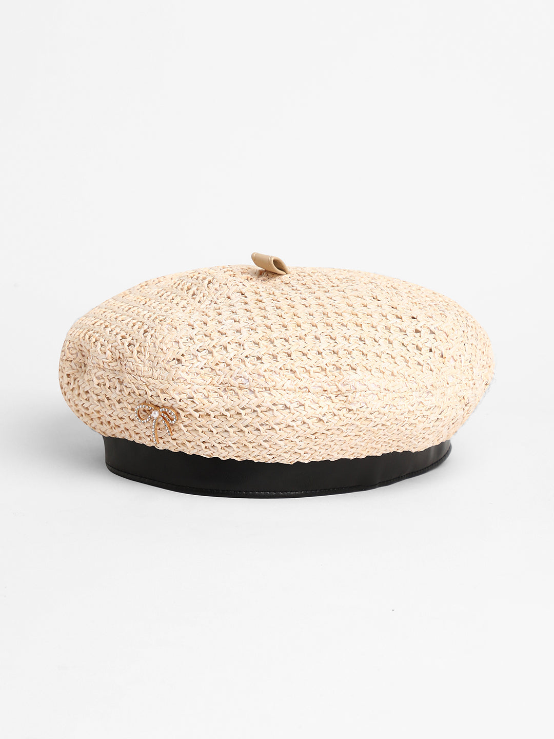 Bow Woven Beret Hat - Off-White