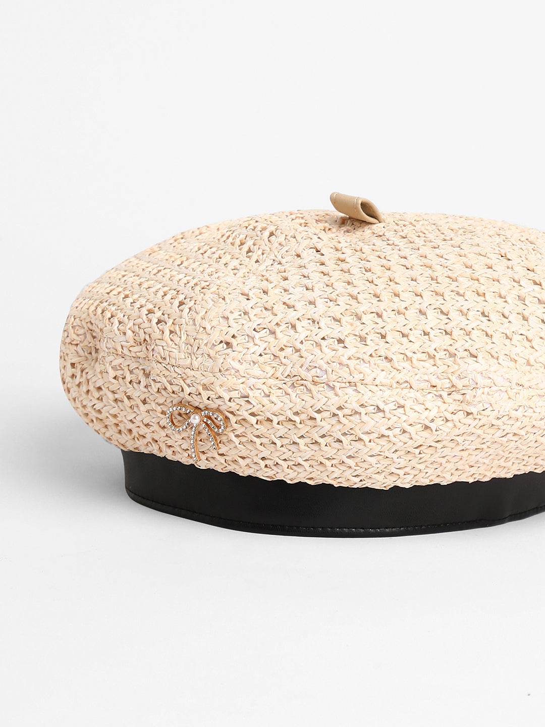 Bow Woven Beret Hat - Off-White