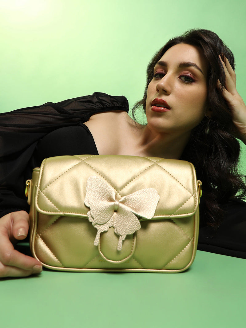 The Quilted Butterfly Shoulder Bag - Antique Gold