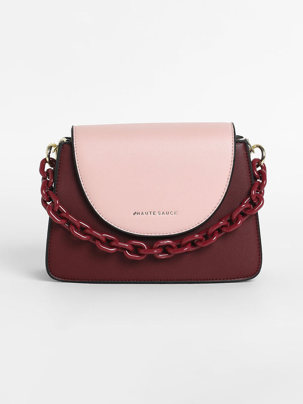 The Block Flap Hand Bag - Burgundy Red & Blush Pink