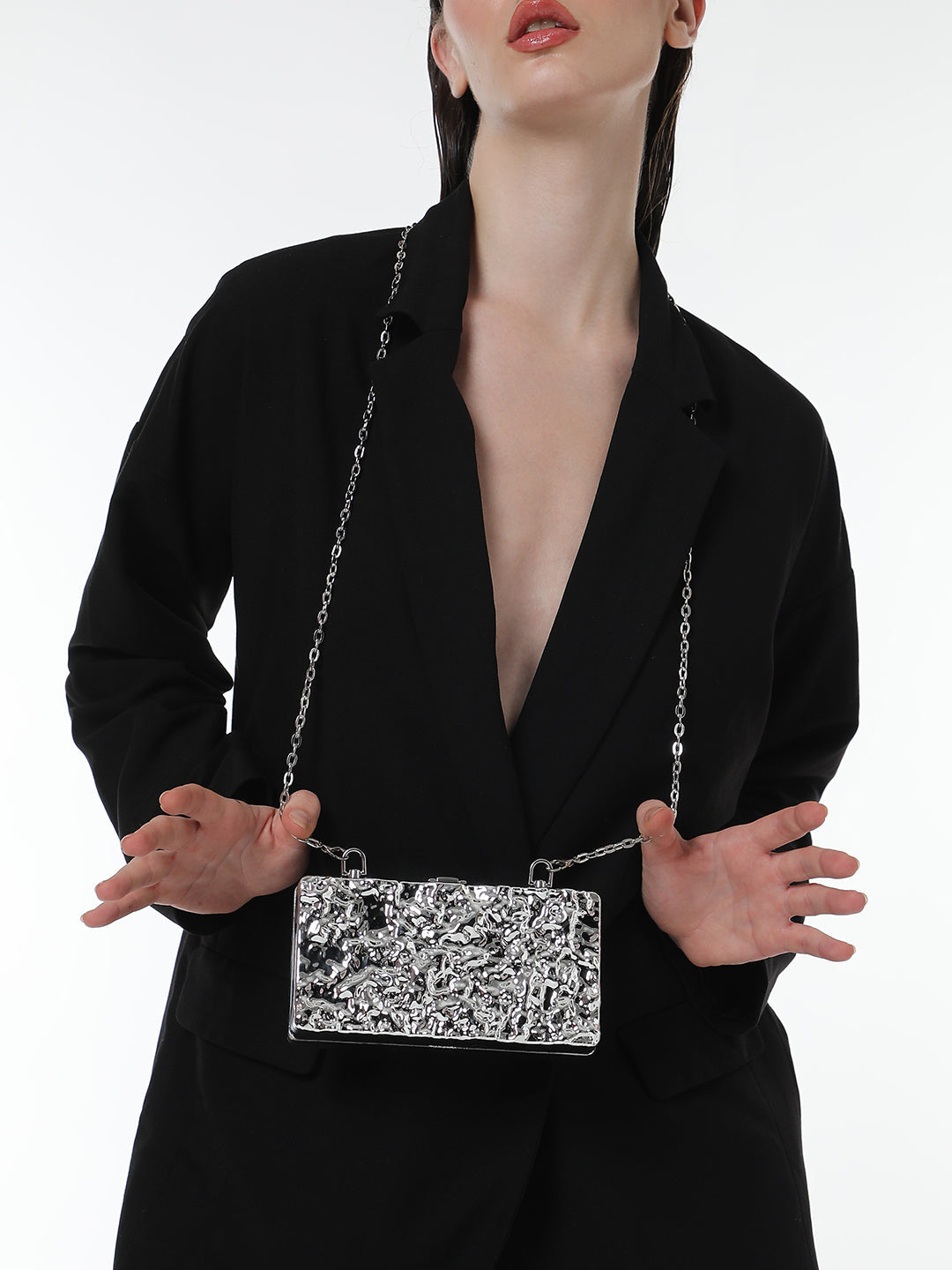 The Dented Chain Clutch Bag - Metallic Silver