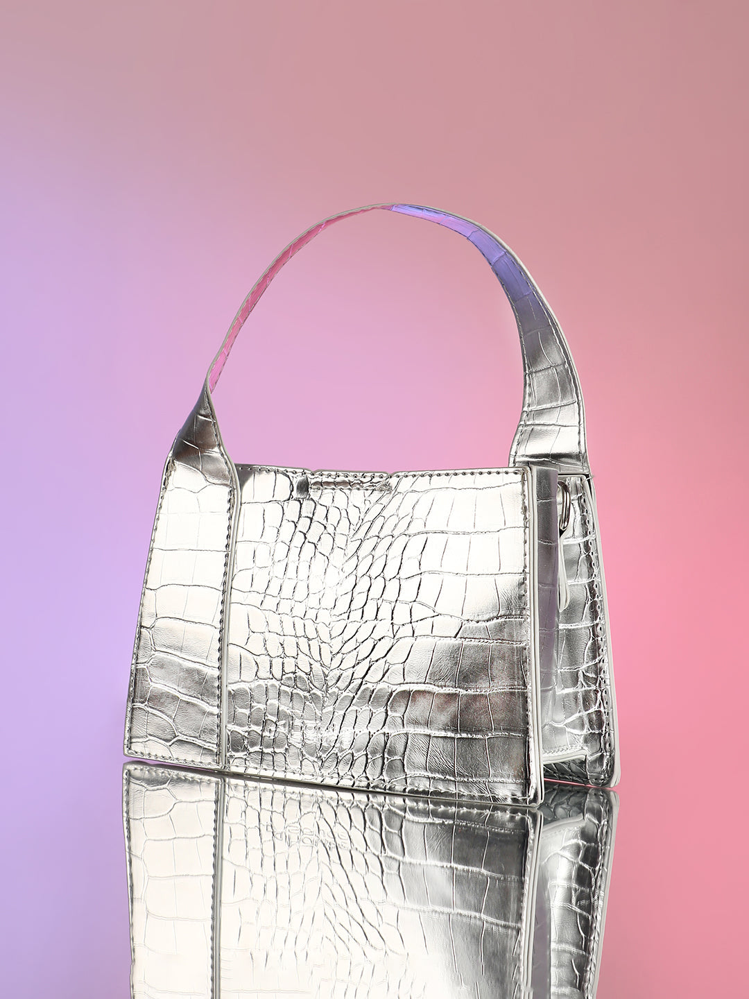 The Frivola Croc Hand Bag - Metallic Silver