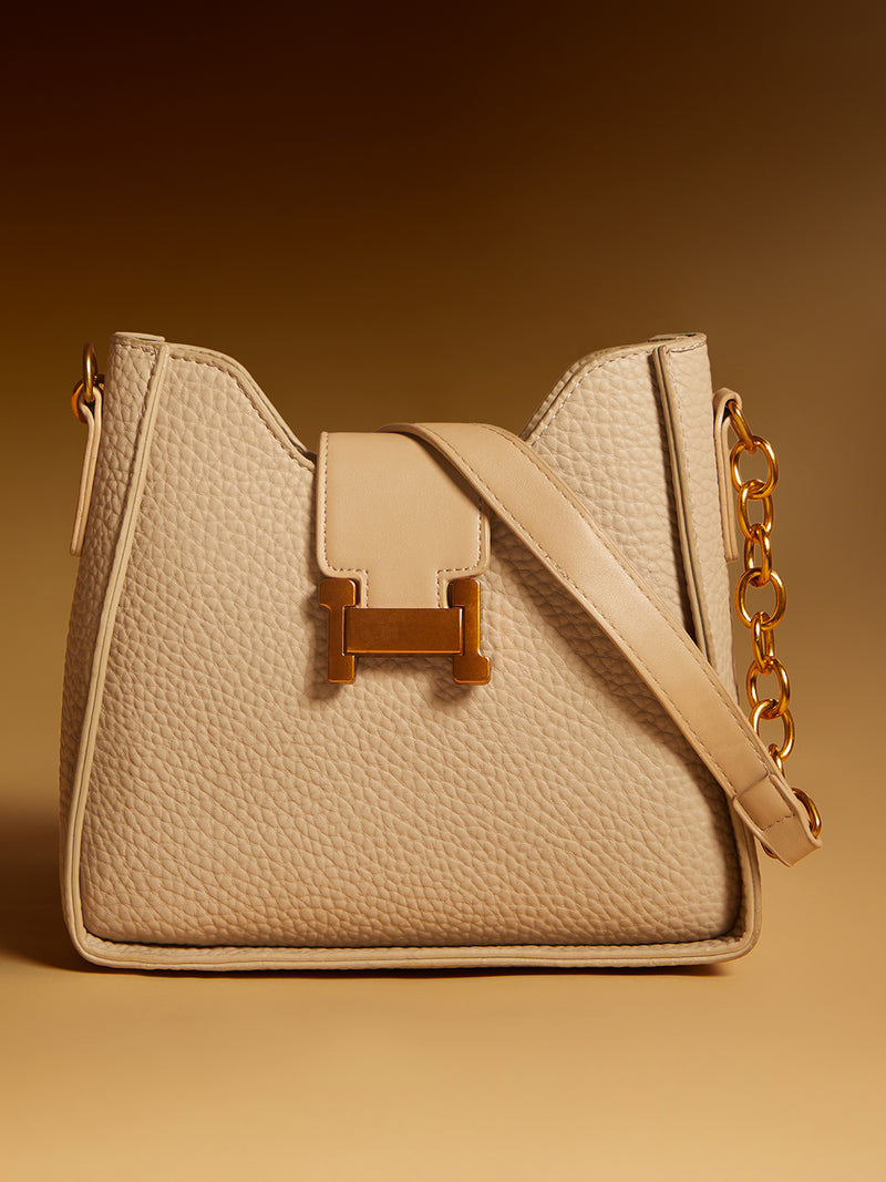 The Luxe Lock Hand Bag-Soft Beige