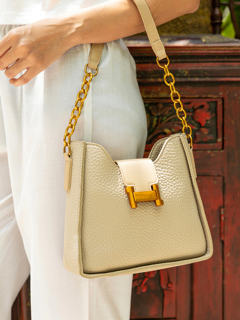 The Luxe Lock Hand Bag-Soft Beige