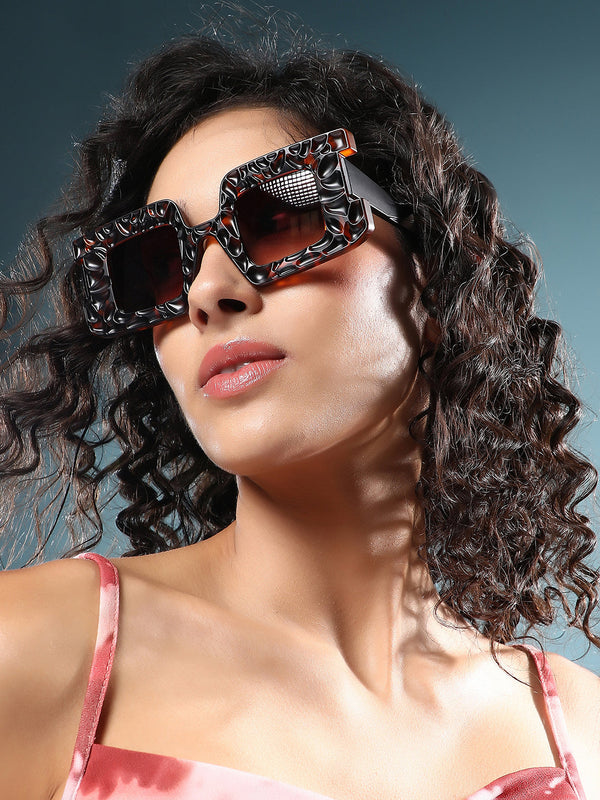 The Dented Tortoiseshell Rectangular Sunglass - Coffee Brown