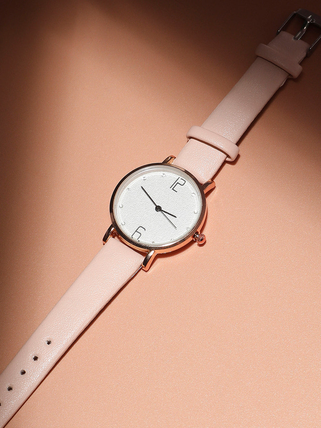 Women's Round Dial Watch With Vegan Leather Strap - Baby Pink