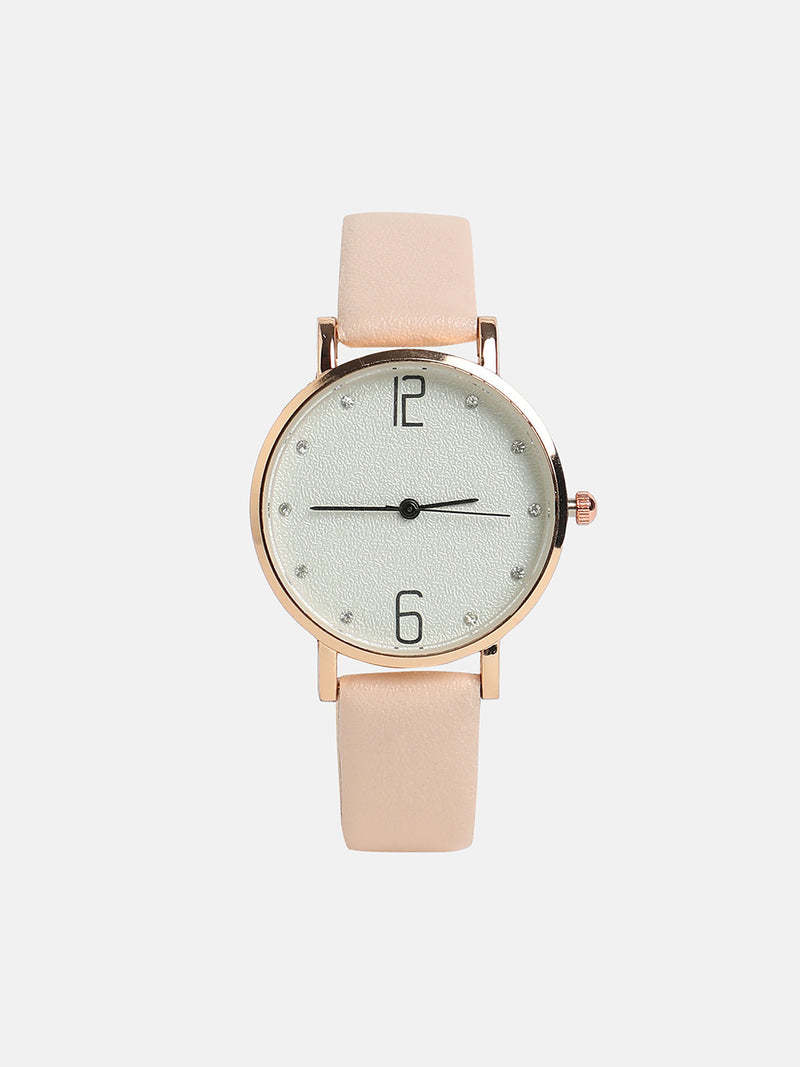 Women's Round Dial Watch With Vegan Leather Strap - Baby Pink