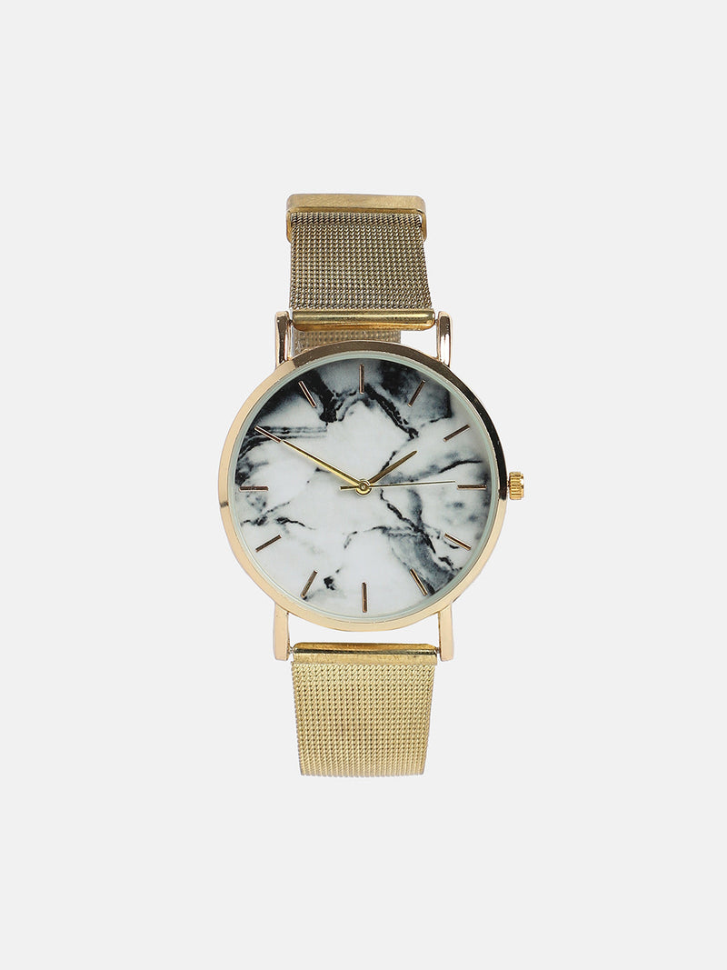 Women's Round Dial Watch With Mesh Strap - Metallic Gold